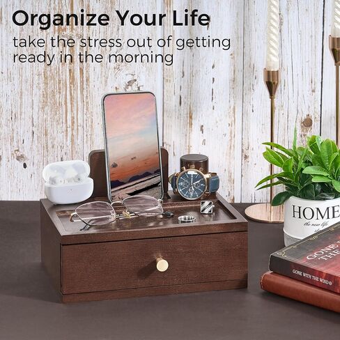 صندوق ساعة BEWISHOME حافظة ساعة فاخرة ومنظم منضدة للرجال، قاعدة شحن خشبية للهاتف، حزمة in Kuwait