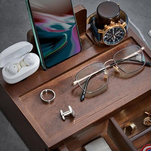 صندوق ساعة BEWISHOME حافظة ساعة فاخرة ومنظم منضدة للرجال، قاعدة شحن خشبية للهاتف، حزمة in Kuwait