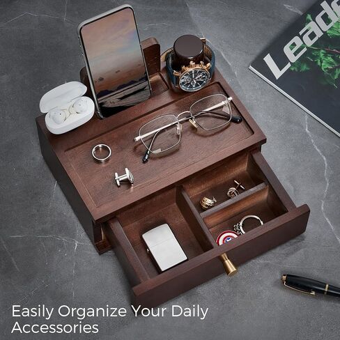 صندوق ساعة BEWISHOME حافظة ساعة فاخرة ومنظم منضدة للرجال، قاعدة شحن خشبية للهاتف، حزمة in Kuwait