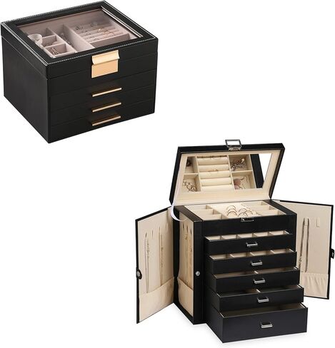 Frebeauty Large PU Jewelry Box Bundle:A Multi-functional Jewelry Box(Black) and A 4 Layer Clear Lid Jewelry Box(Black) of Rings Earrings Necklace Bracelets for Women Girls in Kuwait