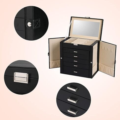 Frebeauty Large PU Jewelry Box Bundle:A Multi-functional Jewelry Box(Black) and A 4 Layer Clear Lid Jewelry Box(Black) of Rings Earrings Necklace Bracelets for Women Girls in Kuwait