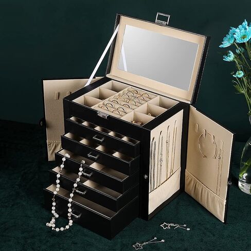 Frebeauty Large PU Jewelry Box Bundle:A Multi-functional Jewelry Box(Black) and A 4 Layer Clear Lid Jewelry Box(Black) of Rings Earrings Necklace Bracelets for Women Girls in Kuwait