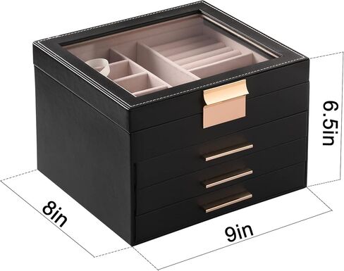 Frebeauty Large PU Jewelry Box Bundle:A Multi-functional Jewelry Box(Black) and A 4 Layer Clear Lid Jewelry Box(Black) of Rings Earrings Necklace Bracelets for Women Girls in Kuwait