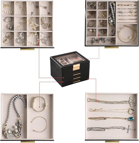 Frebeauty Large PU Jewelry Box Bundle:A Multi-functional Jewelry Box(Black) and A 4 Layer Clear Lid Jewelry Box(Black) of Rings Earrings Necklace Bracelets for Women Girls in Kuwait