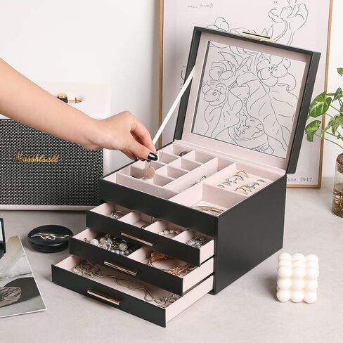 Frebeauty Large PU Jewelry Box Bundle:A Multi-functional Jewelry Box(Black) and A 4 Layer Clear Lid Jewelry Box(Black) of Rings Earrings Necklace Bracelets for Women Girls in Kuwait