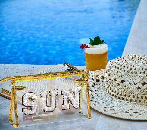 COSHAYSOO Clear Makeup Bag Preppy Sunscreen Pouch Waterproof Beach Pool Travel Things Summer Stuff Traveling Cosmetic Accessories for Women Teen Girl Gift with Cute Chenille Letter Patch Pink SUN in Saudi Arabia