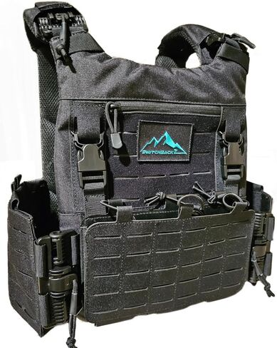 سترة تكتيكية سوداء - رخوة مقطوعة بالليزر - معدات تكتيكية قابلة للتنفس سريعة التحرير وقابلة للتعديل بالكامل للرجال والنساء - سترة مرجحة من مادة أوكسفورد 600D مع سحاب أمامي وحقيبة أمامية قابلة للإزالة in Kuwait