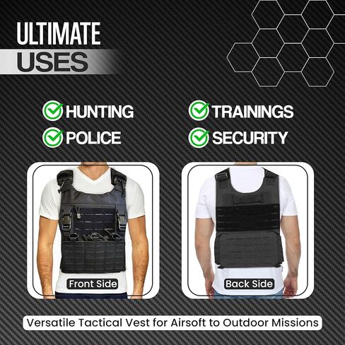 سترة تكتيكية سوداء - رخوة مقطوعة بالليزر - معدات تكتيكية قابلة للتنفس سريعة التحرير وقابلة للتعديل بالكامل للرجال والنساء - سترة مرجحة من مادة أوكسفورد 600D مع سحاب أمامي وحقيبة أمامية قابلة للإزالة in Kuwait