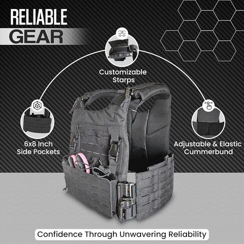 سترة تكتيكية سوداء - رخوة مقطوعة بالليزر - معدات تكتيكية قابلة للتنفس سريعة التحرير وقابلة للتعديل بالكامل للرجال والنساء - سترة مرجحة من مادة أوكسفورد 600D مع سحاب أمامي وحقيبة أمامية قابلة للإزالة in Kuwait