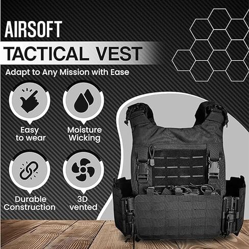 سترة تكتيكية سوداء - رخوة مقطوعة بالليزر - معدات تكتيكية قابلة للتنفس سريعة التحرير وقابلة للتعديل بالكامل للرجال والنساء - سترة مرجحة من مادة أوكسفورد 600D مع سحاب أمامي وحقيبة أمامية قابلة للإزالة in Kuwait