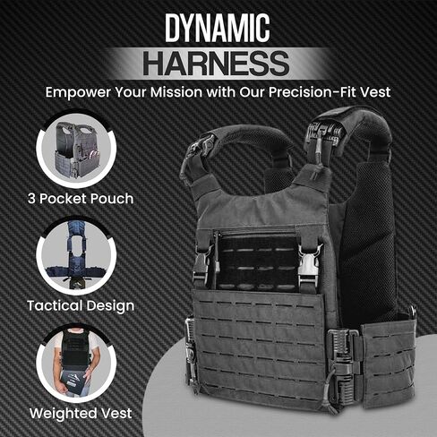 سترة تكتيكية سوداء - رخوة مقطوعة بالليزر - معدات تكتيكية قابلة للتنفس سريعة التحرير وقابلة للتعديل بالكامل للرجال والنساء - سترة مرجحة من مادة أوكسفورد 600D مع سحاب أمامي وحقيبة أمامية قابلة للإزالة in Kuwait