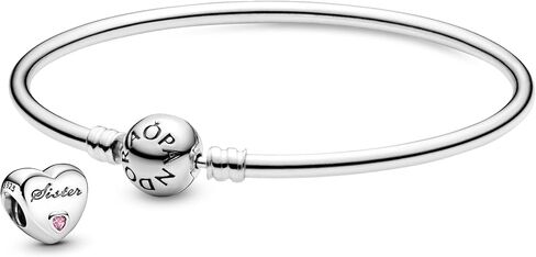 Pandora Jewelry Bundle with Gift Box - Moments Sterling Silver Bangle Charm Bracelet with Ball Clasp, 8.3" & Sterling Silver Sister Heart Charm with Cubic Zirconia - Gift for Women in Saudi Arabia