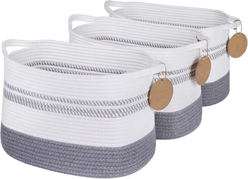 Woven Baskets for Storage, 3-Pack Cotton Rope Storage Basket with Handles, Labels, Oval Toy Storage Bins for Cube Organizer, Stuffed Animal Storage Baskets for Shelf, Closet, Bedroom - Grey in Saudi Arabia