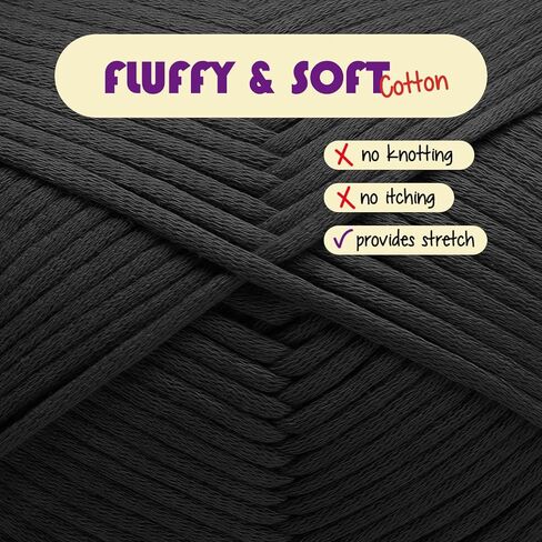 Soft Yarn for Crocheting – Crochet & Knitting Yarn, Beginner Yarn with Easy-to-See Stitches, 250 Yds Amigurumi Yarn, Cotton-Nylon Blend Tshirt Yarn for Crocheting, Worsted Weight Yarn 4, Black Yarn in Kuwait