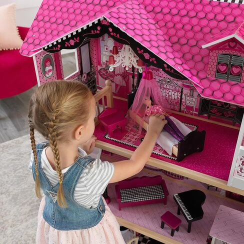 بيت الدمى أميليا الخشبي من كيد كرافت مع مصعد وشرفة و15 قطعة إكسسوارات، باللون الوردي، هدية للأعمار من 3 سنوات فما فوق in Kuwait