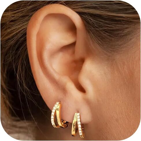 Gokeey Double Gold Hoop Earrings for Trendy, 14K Gold Plated Small Hoop Earrings Hypoallergenic Lightweight Earrings for Women Girls Gold Jewelr in Kuwait
