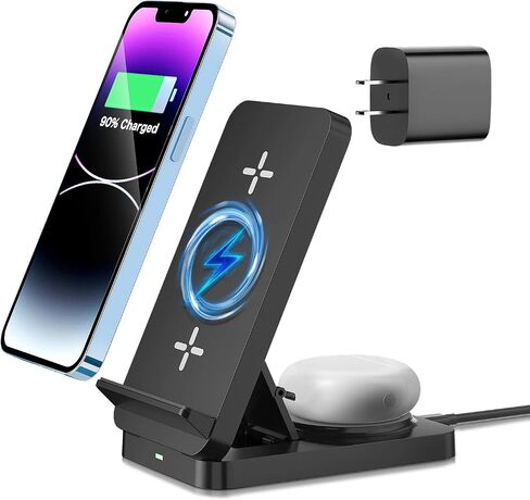 قاعدة شحن لاسلكية قابلة للطي 3 في 1 شاحن لاسلكي لأجهزة Apple المتعددة، حامل شحن سريع 18 وات لأجهزة iPhone 15/14/13/12/11/X Pro Max وAirPods وiWatch وسلسلة هواتف Samsung Galaxy in Saudi Arabia