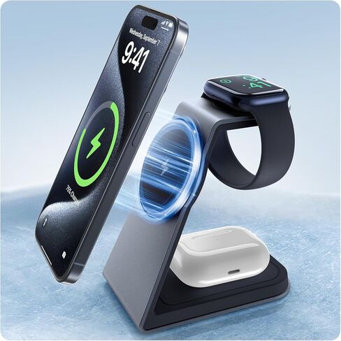Soonjet 3 in 1 Wireless Charging Station, Charger Stand for Apple Multiple Devices [Revolutionary Cool Fast Charging] [Official Certified] for iPhone 15 14 13 Apple Watch and AirPods in Kuwait