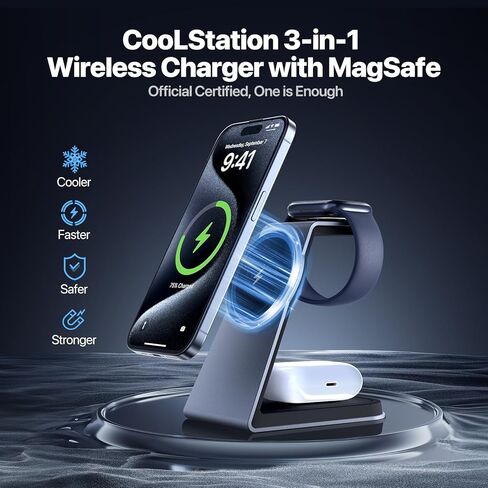 Soonjet 3 in 1 Wireless Charging Station, Charger Stand for Apple Multiple Devices [Revolutionary Cool Fast Charging] [Official Certified] for iPhone 15 14 13 Apple Watch and AirPods in Kuwait
