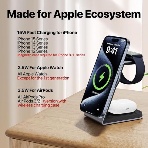Soonjet 3 in 1 Wireless Charging Station, Charger Stand for Apple Multiple Devices [Revolutionary Cool Fast Charging] [Official Certified] for iPhone 15 14 13 Apple Watch and AirPods in Kuwait
