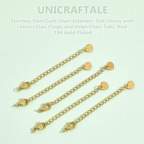 UNICRAFTALE 20 قطعة 2 ألوان 50 مم 304 الفولاذ المقاوم للصدأ سلسلة تمديد مجموعات نهاية سلاسل تمديد ذيول مع المشابك وموسع سلسلة سحر القلب الصغير لقلادة سوار صنع المجوهرات in Saudi Arabia