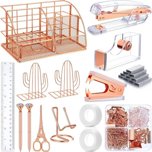 تتضمن مجموعة لوازم المكتب باللون الذهبي الوردي منظم مكتب متعدد الوظائف، ودباسة، ومزيل دبابيس، ودباسة، وحامل شريط، وحامل هاتف، وقلم ماسي للنساء في المنزل والفصول الدراسية وملحقات سطح المكتب in Kuwait