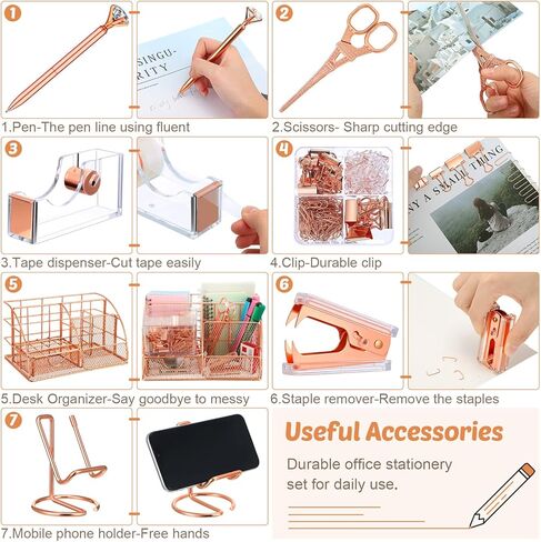 تتضمن مجموعة لوازم المكتب باللون الذهبي الوردي منظم مكتب متعدد الوظائف، ودباسة، ومزيل دبابيس، ودباسة، وحامل شريط، وحامل هاتف، وقلم ماسي للنساء في المنزل والفصول الدراسية وملحقات سطح المكتب in Kuwait