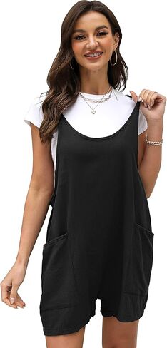 Lumister المرأة الصيف القطن الكتان الحريم السروال القصير فضفاض مريلة وزرة حللا السراويل مع جيوب كبيرة (0500-أسود-XL) in Kuwait