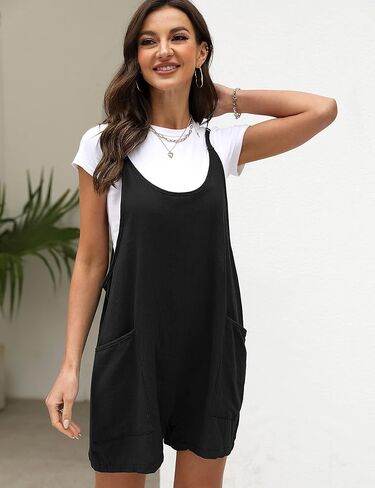 Lumister المرأة الصيف القطن الكتان الحريم السروال القصير فضفاض مريلة وزرة حللا السراويل مع جيوب كبيرة (0500-أسود-XL) in Kuwait