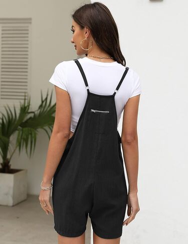 Lumister المرأة الصيف القطن الكتان الحريم السروال القصير فضفاض مريلة وزرة حللا السراويل مع جيوب كبيرة (0500-أسود-XL) in Kuwait