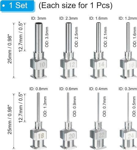 PATIKIL 10/12/14/16/18/20/24Ga x 0.5 بوصة أطراف إبرة توزيع من الفولاذ المقاوم للصدأ، 7 قطع من أنبوب إبرة الغراء المعدني أطراف حادة قفل Luer لمختبر حبر الغراء السميك، فضي in Kuwait