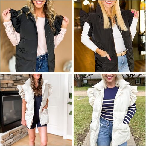 Kedera Women's Ruffle Sleeve Puffy Puffer Vests Winter Button Down Padded Gilet with Pocket in Saudi Arabia