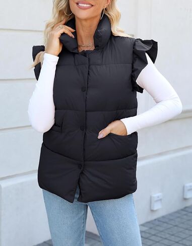 Kedera Women's Ruffle Sleeve Puffy Puffer Vests Winter Button Down Padded Gilet with Pocket in Saudi Arabia