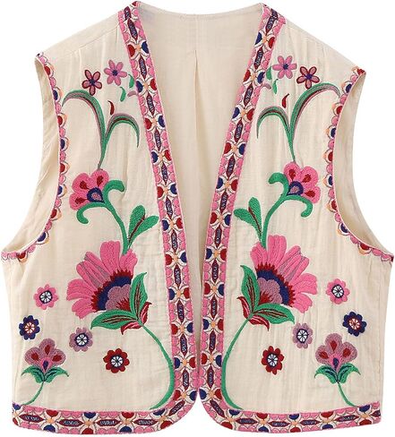 Flygo Womens Vintage Floral Embroidered Vest Waistcoat Tops Boho 70s Vest Open Front Cotton Linen Vest Cardigan(Pink-L) in Saudi Arabia