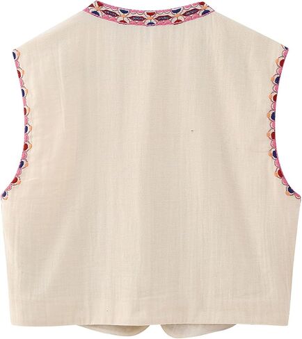 Flygo Womens Vintage Floral Embroidered Vest Waistcoat Tops Boho 70s Vest Open Front Cotton Linen Vest Cardigan(Pink-L) in Saudi Arabia