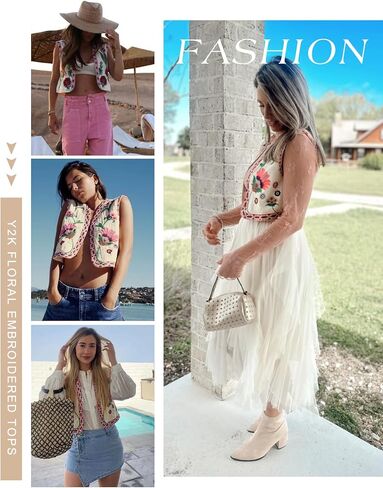 Flygo Womens Vintage Floral Embroidered Vest Waistcoat Tops Boho 70s Vest Open Front Cotton Linen Vest Cardigan(Pink-L) in Saudi Arabia
