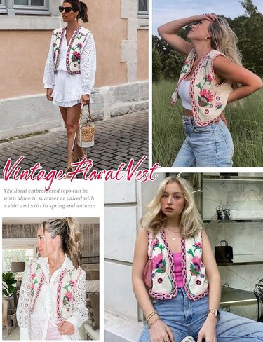 Flygo Womens Vintage Floral Embroidered Vest Waistcoat Tops Boho 70s Vest Open Front Cotton Linen Vest Cardigan(Pink-L) in Saudi Arabia