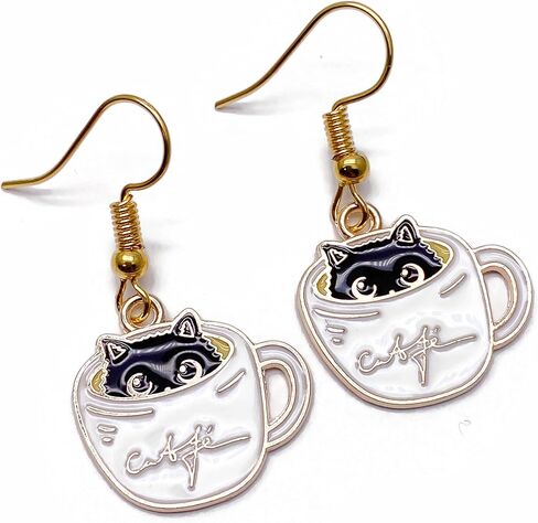 Cat Earrings - Super Cute Kitty in a Coffee Cup Enamel Charm Beads on Nickel Free Hooks : 38mm in Saudi Arabia