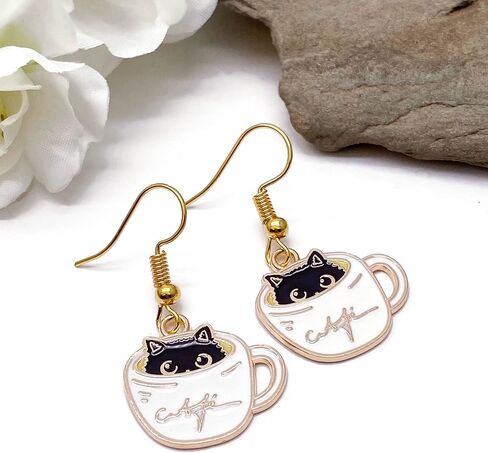 Cat Earrings - Super Cute Kitty in a Coffee Cup Enamel Charm Beads on Nickel Free Hooks : 38mm in Saudi Arabia