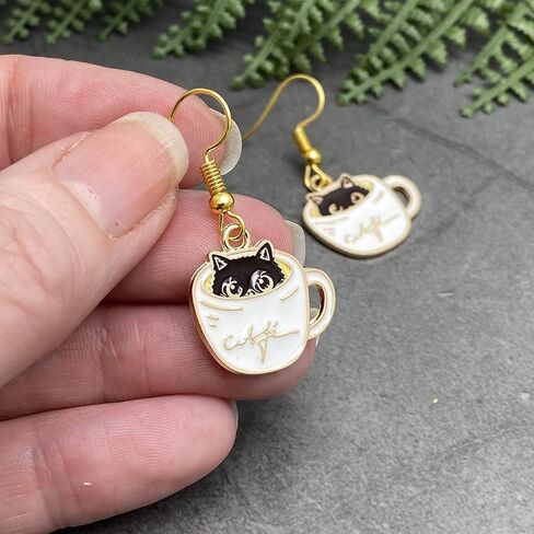 Cat Earrings - Super Cute Kitty in a Coffee Cup Enamel Charm Beads on Nickel Free Hooks : 38mm in Saudi Arabia