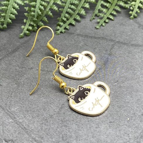 Cat Earrings - Super Cute Kitty in a Coffee Cup Enamel Charm Beads on Nickel Free Hooks : 38mm in Saudi Arabia