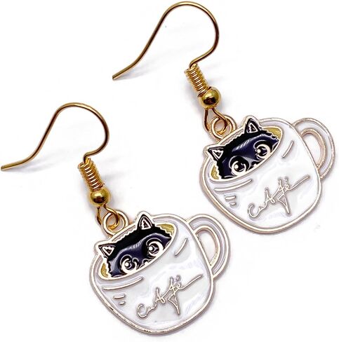 Cat Earrings - Super Cute Kitty in a Coffee Cup Enamel Charm Beads on Nickel Free Hooks : 38mm in Saudi Arabia