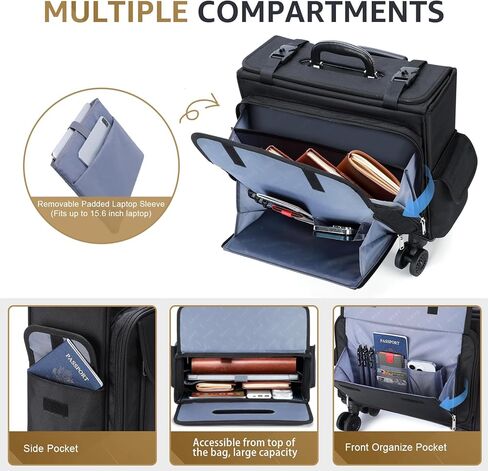 حقيبة كمبيوتر محمول متدحرجة مقاس 15.6 بوصة مقاومة للماء حقيبة كمبيوتر محمول على عجلات حقيبة كمبيوتر محمول للعمل والسفر ورجال الأعمال والنساء، أسود in Kuwait