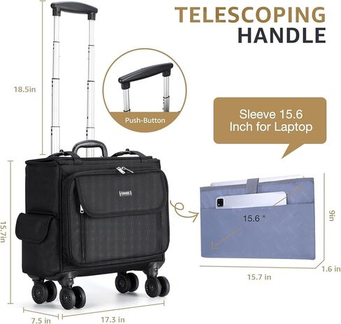 حقيبة كمبيوتر محمول متدحرجة مقاس 15.6 بوصة مقاومة للماء حقيبة كمبيوتر محمول على عجلات حقيبة كمبيوتر محمول للعمل والسفر ورجال الأعمال والنساء، أسود in Kuwait