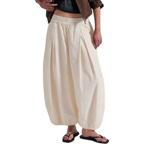 Xiaoxuemeng Women's Baggy Wide Leg Pants Mid Elastic Waist Barrel Pants Loose Cotton Balloon Pants(0875-Beige-Large) in Saudi Arabia