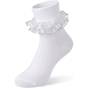 Women Sweet Lace Ruffle Turn Cuff Ankle Socks White Cotton Casual Socks with Pink Sheer Ribbon Frill for Daily Bride in Saudi Arabia