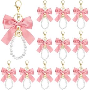 Large Pink Bow Pearl Keychain Set, Elegant Bag Charm with Ribbon and Faux Pearls, Cute Metal Key Ring for Handbags Backpacks Purse Keys, 12 Pieces in Saudi Arabia