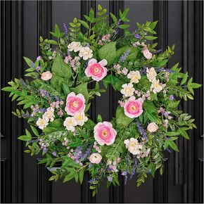 24 Inch Spring Flower Wreath for Front Door, Artificial Lavender Daisy Wreath with Eucalyptus Greenery, Spring Summer Floral Wreath for Wall Porch Wedding Farmhouse Decor in Saudi Arabia