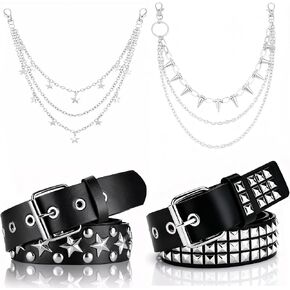 4-Piece Studded Belt Set with Pyramid Studs and Star Belt, Y2K Goth Punk Rock Accessories with Pant Chains for Women and Men - Includes Two Silver Waist Chains and Two Studded Belts in Saudi Arabia