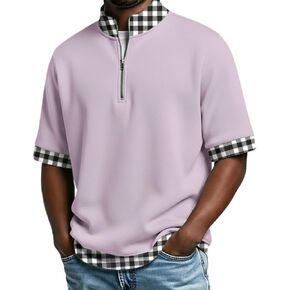 Men's Polo Shirts Casual Holiday Standing Collar Short Sleeve Basic Modern Plaid Color Block Buttons Summer Spring in Saudi Arabia